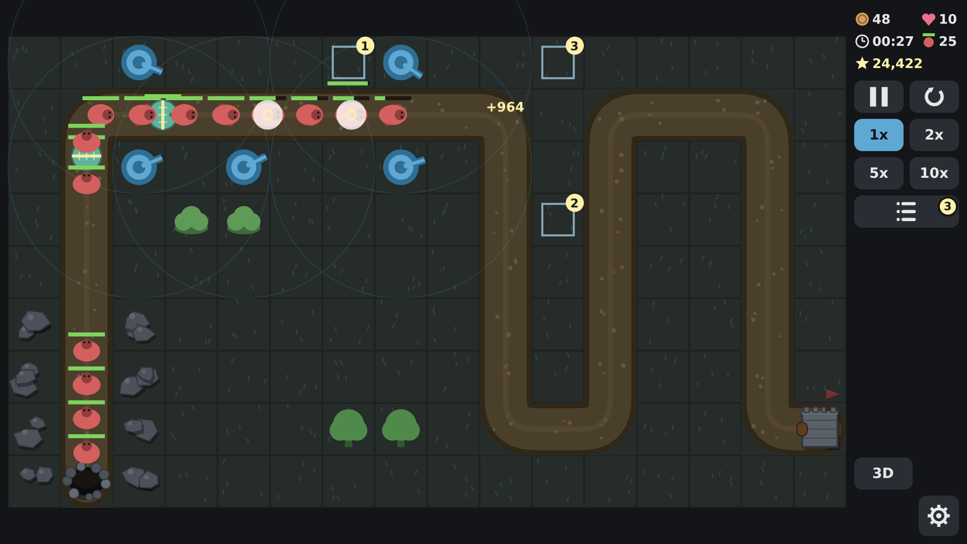 A green board where sentries cover a winding road packed with enemies